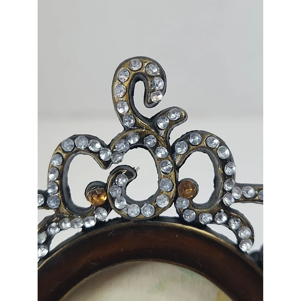 Vintage 80s-90s Mini Ornate Bejeweled Oval Picture Frame Glass Rhinestones 4.5